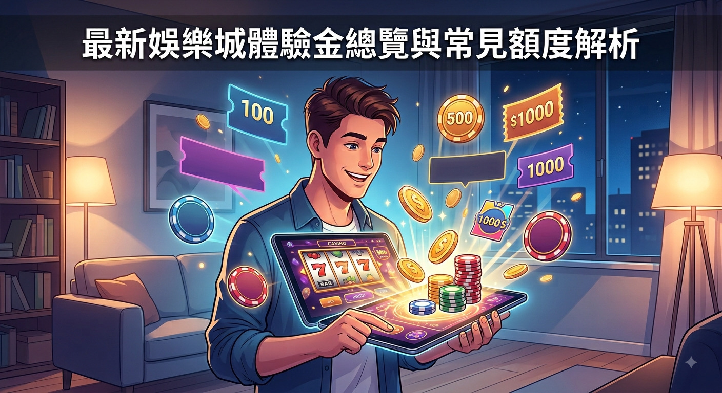 這張圖片展示了一位男士在舒適的室內使用平板電腦體驗線上娛樂城,螢幕上方浮現出璀璨的金幣與各式優惠體驗券。 畫面最上方以醒目的繁體中文標示著標題「最新娛樂城體驗金總覽與常見額度解析」,營造出充滿吸引力與科技感的氛圍。