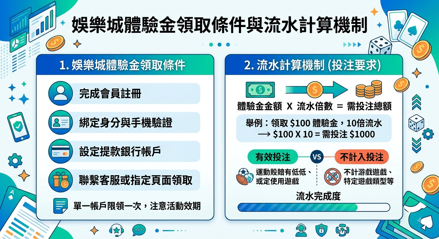 這張圖表清晰地展示了娛樂城體驗金的領取條件與流水計算機制,左側說明註冊與驗證等基本步驟。 右側則透過簡單的公式與範例,直觀解說投注要求與有效投注的算分規則。