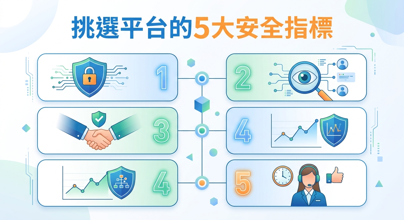 這幅圖表採用現代簡約風格,頂部標有標題「挑選平台的5大安全指標」。 畫面上方以卡片形式展示了包含鎖頭、放大鏡、握手及客服等5個代表性的安全圖示。