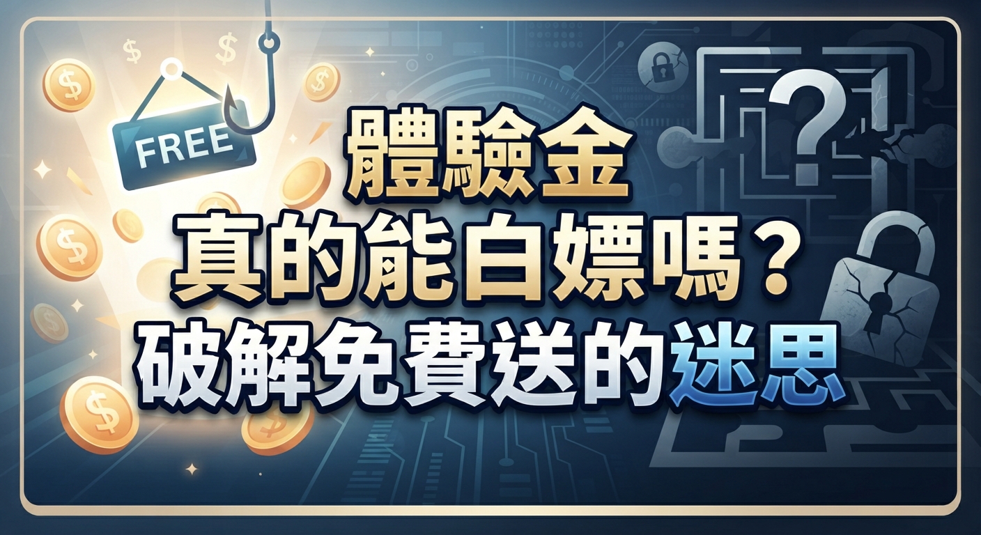 圖片展示了探討線上博弈「體驗金」真實性的主題,畫面中包含標題文字與象徵陷阱與迷思的釣鉤圖示。