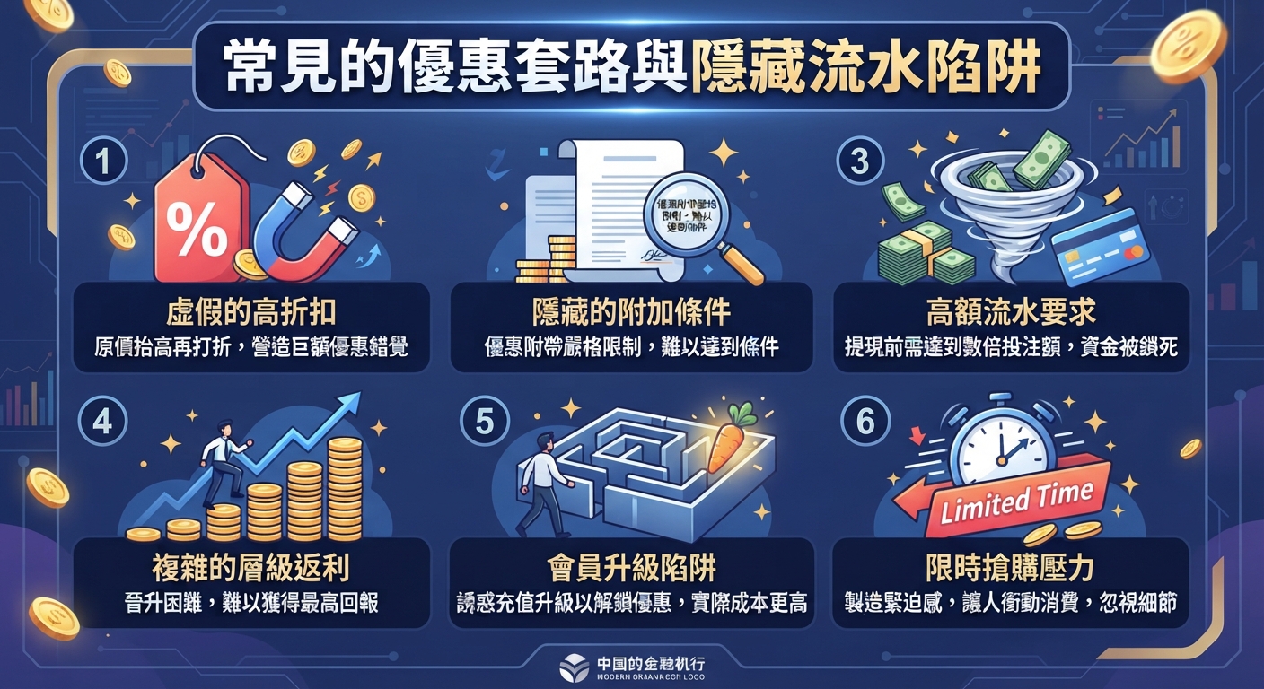 圖片上方醒目地顯示著「常見的優惠套路與隱藏流水陷阱」標題,下方則以六個編號圖表詳細解析了各類行銷陷阱與手法。