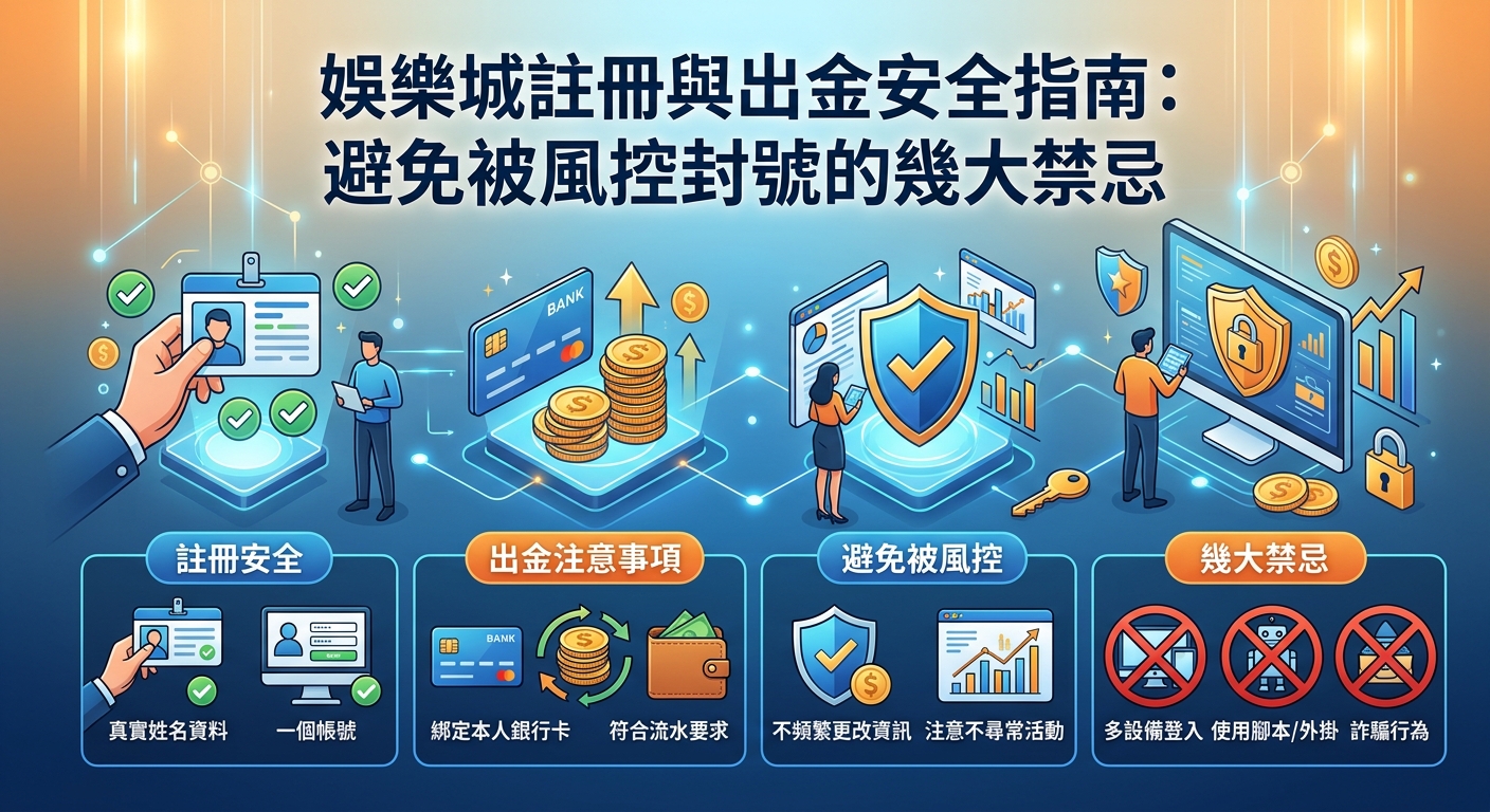 這張圖片是一幅包含四個板塊的藍色數位風格資訊圖表,上方標有醒目的標題「娛樂城註冊與出金安全指南:避免被風控封號的幾大禁忌」。 圖中透過盾牌、銀行卡、金幣與警示圖示,詳細展示了實名認證、資金提領、風控預防及禁止多帳號登入等安全操作指引。